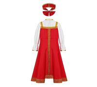 dPois Enfant Fille Robe Russe Traditionnelle Déguisement Princesse Manches Bouffantes Robe Soirée Costume de Danse Moderne Mascarade Carnaval Noël 2-8 Ans Rouge 3-4 Ans