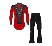dPois Ensemble Justaucorps Danse Latine Homme avec Pantalon Tenue Gymnastique Strass Manches Longues Patinage Rouge noir XXL