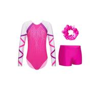 dPois Ensemble Justaucorps Gymnastique Fille avec Chouchou et Short Danse Competition Fille Strass Ballet Patinage Spectacle Enfant 5-16 Ans Rose vif 15-16 ans