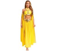 dPois Femme Paillettes Brillantes Costume Spectacle Danse Ventre Bretelles Auto Attachées Jupe Courte Fendue Sur Côté 1 Paire Manches Culotte Intégrée Jaune XXL