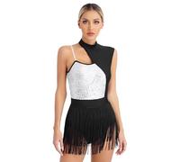 dPois Femme Robe Danse Latine Classique Paillettes Asymétrique Justaucorps Gymnastique Jupette Danse Robe Patinage Tenue Danse Contemporaine Moderne Argenté L