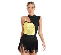 dPois Femme Robe Danse Latine Classique Paillettes Asymétrique Justaucorps Gymnastique Jupette Danse Robe Patinage Tenue Danse Contemporaine Moderne Or L
