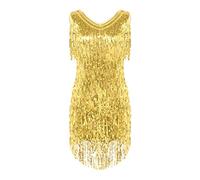 dPois Femme Robe de Danse Classique À Franges Tenue de Danse Latine Competition Samba Tango Rumba Tenue Danse de Salon Costume Spectacle Soirée 1 Or M