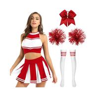 dPois Femme Robe Déguisement Pom-Pom Girl Mini Jupe Plissée Costume Carnaval Débardeur Tenue Uniforme École Musicale Football Volley-Ball Rouge A S