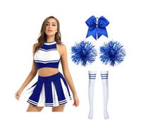 dPois Femme Robe Déguisement Pom-Pom Girl Mini Jupe Plissée Costume Carnaval Débardeur Tenue Uniforme École Musicale Football Volley-Ball Bleu A S