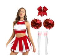 dPois Femme Robe Déguisement Pom-Pom Girl Mini Jupe Plissée Costume Carnaval Débardeur Tenue Uniforme École Musicale Football Volley-Ball Rouge B S