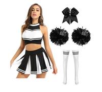 dPois Femme Robe Déguisement Pom-Pom Girl Mini Jupe Plissée Costume Carnaval Débardeur Tenue Uniforme École Musicale Football Volley-Ball Noir A S