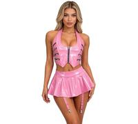 dPois Femme Tenues Pour Festivals Edm Ensemble Minijupe Avec Suspendeur Tenues Pour Sortir Ensemble De Minijupe Intime En Deux Pièces Noël Rose XXL