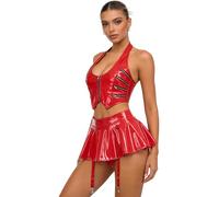 dPois Femme Tenues Pour Festivals Edm Ensemble Minijupe Avec Suspendeur Tenues Pour Sortir Ensemble De Minijupe Intime En Deux Pièces Noël Rouge S