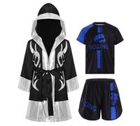dPois Garçon Ensemble De Tenue De Boxe Blocs Couleur Tenue Boxe Enfant Thaïlandaise Costume Boxeur Vêtements pour Enfants Short MMA Joggeur Bleu Argent 13-14 Ans