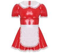 dPois Homme Déguisement Soubrette Sexy Sissy Lingerie de Nuit Uniforme Serveuse Costume Maid Robe Serveur Tablier Kimono Erotisme Clubwear Rouge 5XL