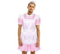 dPois Homme Déguisement Soubrette Sexy Sissy Lingerie Uniforme Serveuse Costume Maid Robe Serveur Tablier Kimono Robe de Nuit Erotisme Clubwear Rose 2XL