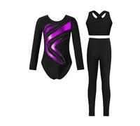 dPois Justaucorps De Gymnastique Enfant Fille Strass Brillant Legging Gilet Ensemble Tenue Patinage Artistique Danse Spectacle Violet 5-6 ans