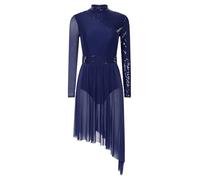 dPois Robe Danse Contemporaine Femme Manche Longue Paillettes Asymétrique Robe Danse Latine Dancewear S-XXL Bleu Marine S