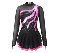dPois Robe de Patinage Artistique Enfant Fille Robe Danse Classique Manches Longues Brillants Strass Justaucorps Gymnastique Gym Ballet 5-16 Ans Rose Vif 11-12 Ans