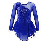 dPois Robe de Patinage Artistique Enfant Fille Robe de Danse Classique Manches Longues Paillettes Brillants Justaucorps Gymnastique Gym Ballet 4-14 Ans Bleu Royal D 8 Ans