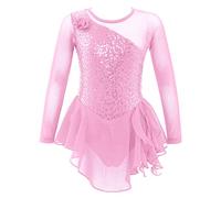 dPois Robe de Patinage Artistique Enfant Fille Robe de Danse Classique Manches Longues Paillettes Brillants Justaucorps Gymnastique Gym Ballet 4-14 Ans Rose D 6 Ans