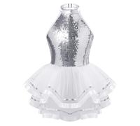 dPois Robe Patinage Artistique Fille Paillettes Justaucorps Gymnastique Tutu Danse Classique Costume Jazz Modern Latine 3-16 Ans Blanc 11-12 ans