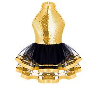 dPois Robe Patinage Artistique Fille Paillettes Justaucorps Gymnastique Tutu Danse Classique Costume Jazz Modern Latine 3-16 Ans Or 11-12 ans