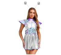 dPois Space Alien Robot Cosplay Outfit Costume D'Astronaute Pour Adultes Party Dress Up Vacances S'Habiller Festival De Musique 2 Pieces Set Argent 3XL