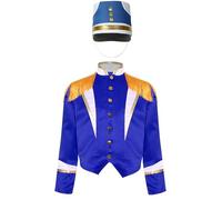dPois Unisexe Enfant Ensemble 2 Pcs Uniforme Bande Batteur Manteau Manches Longues Épaules Frangées Et Chapeau Noël Halloween Carnaval Spectacle 6-16 Ans Bleu A 15-16 ans