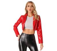 dPois Veste Brillant Wetlook Femme Haut de Danse Jazz Hip-Hop Manches Longues Blouson Femme Disco Bal Costume Spectacle Clubwear Rouge L