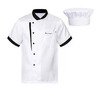 dPois Veste de Chef Cuisinier Homme Femme Manche Courte avec Bonnet de Chef Manteau Uniforme Restaurant Blouse de Cuisine Professionnel Travail - Taille Petit