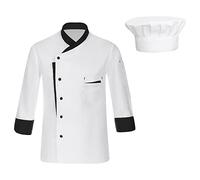 dPois Veste de Chef Cuisinier Manches Longues Homme Femme Manteau avec Toque Uniforme Restaurant Blouse de Cuisine Professionnel - Taille Petit Attention A Blanc 3XL