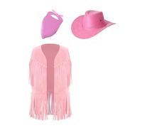 dPois WESTERN COWBOY Déguisement Sans Manches 3 PCS Gilet + écharpe + Chapeau Le Hip Hop Carnaval Jeu De Rôle Halloween Enfant 6-16 Ans Rose 9-10 ans