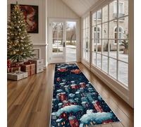 Dppyuxa Dessin Animé Père Noël Paillasson d'Entrée Noël Ville Absorbant et Lavable, Tapis de Cuisine Long Antidérapant Paysage d'hiver Neige Tapis de Couloir Décoratif pour Devant Chambre 80x300 cm