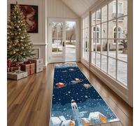 Dppyuxa Dessin Animé Père Noël Tapis de Cuisine Mignon Renne Antidérapant et Lavable, Tapis de Couloir Long Noël Ville Devant, Paillasson Absorbant Entrée et Salle de Bain 60x120 cm