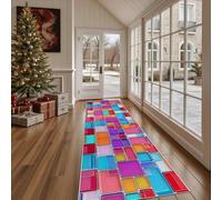 Dppyuxa Paillasson d'Entrée Géométrique Rectangle Absorbant et Lavable, Tapis de Cuisine Long Antidérapant Moderne Carré Tapis de Couloir Coloré Polygone Décoratif pour Devant Evier Chambre 80x300 cm