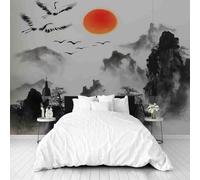 Dppyuxa Papier Peint Chambre Japonais Grue Papier Peint Panoramique Salon Peinture à l'encre Montagne Tapisserie Murales 3D pour Photo Décoration Murale Intissé Imperméable 350x256 cm