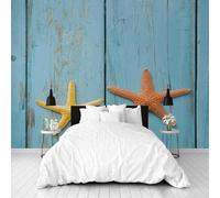 Dppyuxa Papier Peint Panoramique Intissé Animaux Marins Étoiles de mer Papier Peint 3D Mural Rustique Plank Film pour Meuble Salon Imperméable Cuisine Chambre Enfant Décoratifs 150x105 cm