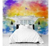Dppyuxa Papier Peint Panoramique Intissé Aquarelle Maison Blanche Papier Peint 3D Mural Graffiti Drapeau Américain Film pour Meuble Salon Imperméable Cuisine Chambre Enfant Décoratifs 150x105 cm