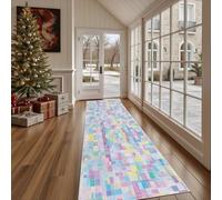 Dppyuxa Tapis de Cuisine Géométrique Carré Tapis de Couloir Long Patchwork Rectangle Devant Evier, Paillasson Absorbant avec Motif Damier Grille Entrée et Salle de Bain 80x240 cm