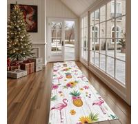 Dppyuxa Tapis Lavable pour Cuisine Tropical Flamingo Tapis de Couloir Long et Antidérapant Floral Ananas Paillasson Absorbant et Doux Été Fleur Décoratif pour Entrée, Salle de Bain 60x210 cm