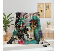 Dpvbffx Jete de Canape Asiatique Dragon 220x260, Couverture Style Chinois Traditionnel Vintage 2 Personnes, Plaid Polaire Grande Taille, Couverture Lit Chaude Légère pour Pique Nique Camping Voyager