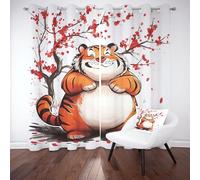 Dpvbffx Mignon Tigre Dessin Animé Rideaux Salon Draperies Intérieurs, Rideau Fleur de Prunier Kawaii Enfant Opaque Occultants 135X240 Thermique Isolant Anti Froid Anti Bruit, Lot de 2 à Oeillets