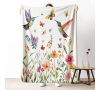 Dpvbffx Plaid Lit Floral Papillon Colibri 2 Personnes, Jeté de Canapé Fleur Botanique Printemps Aquarelle, Couverture Polaire 150x220 cm, Couverture Chaude Doux Légère pour Printemps Été Automne Hive
