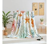 Dpvbffx Plaid Lit Tropical Poisson Étoile de Mer Hippocampe, Plaid 2 Personnes, Jeté de Canapé Monde Sous-Marin Animaux Marins, Couverture Polaire 150x200cm, Couverture pour Printemps Été Automne Hive