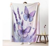 Dpvbffx Plaid Lit Violet Papillon Lavande 2 Personnes, Jeté de Canapé Floral Insecte Aquarelle, Couverture Polaire 150x220 cm, Couverture en Flanelle Chaude Doux Légère pour Printemps Été Automne Hive
