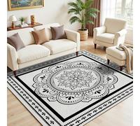 Dpvbffx Tapis Mandala Bohème Salon Chambre, Tapis Indien Hippie Vintage Noir et Blanc Grand Antidérapant Lavable Poil Ras Moquette Descente de Lit pour Salle à Manger, Bureau, Couloir, 245x300 cm