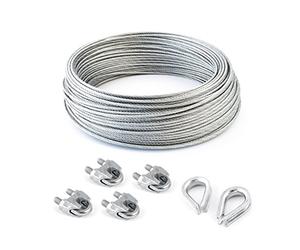 DQ-PP SET 50m câble acier galvanisé 6x37 10mm Argenté + 4 serre-câbles étrie et 2 cosse coeur