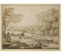 DQCJIYIGL Célèbre Art Décorative Imprimé Sur Toile Jeune jouant de la flûte dans un paysage pastoral de Claude Lorrain Imprimer Affiche Pour la Décoration de Bureau 60x90cm