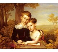 DQCJIYIGL De Célèbres Tableaux Murale Art Posté Affiches et Impressions Portrait de deux enfants avec un vaste paysage au-delà par Carl Jacob Leybold Pour les Décorations pour la Maison 60x90cm