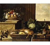 DQCJIYIGL Murale Art Posté Des fruits dans un panier en osier avec des figues sur un socle Un gibier mort un chou un melon une gourde par Pierre Dupuis Pour les Décorations pour la Maison 60x90cm