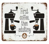 DQFOCPHHAA First Coffee Then Adulting Metal Tin Sign Funny Espresso Machine Silhouette Wall Decor Vintage Distressed Cafe Station Accessories Art Plaque 8 X 12 in