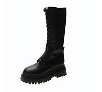 DQS Bottes en Cuir à Fond épais pour Femmes Noires à mi-Mollet à Bout Rond à Plate-Forme Plates à glissière à Lacets Chaussures d'hiver