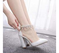DQS Cristal Reine Boucle Sangle Femme Chaussures de Mariage Talons Sandales à Talons Perle Strass Dames Sexy Blanc Plate-Forme Pompes